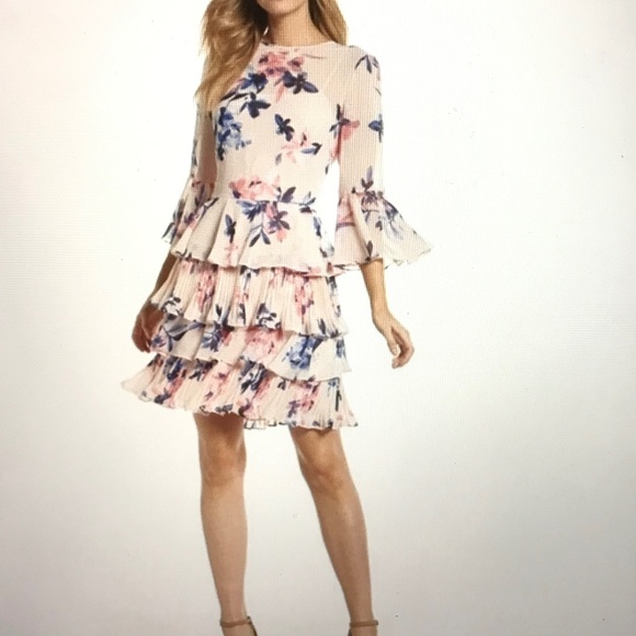 ELIZA J. Floral Chiffon Bell Sleeve Tiered Mini Dress NWT Pink Plus Size 14 - Picture 1 of 16